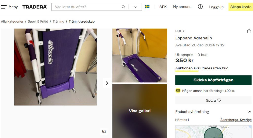 Skärmdump från annons på Tradera med bilder på Adrenalin löpband i utfällt och hopfällt läge (2024-12-28) 