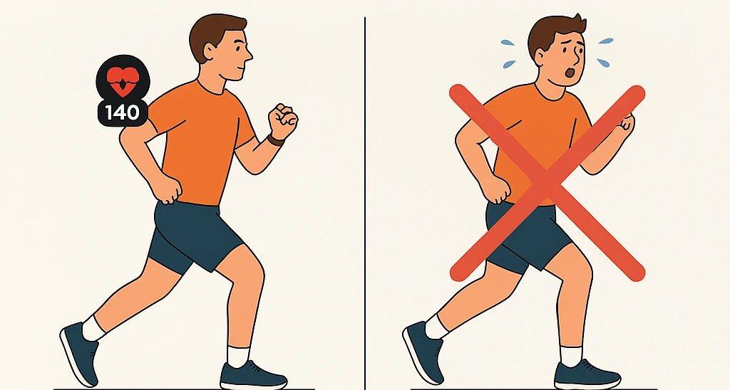 MAF-test ett konditionstest du gör utan att ta ut dig, till vänster ses en person jogga i kontrollerat tempo och till höger samma person fast helt slutkörd, den högra bilden har ett kryss över sig