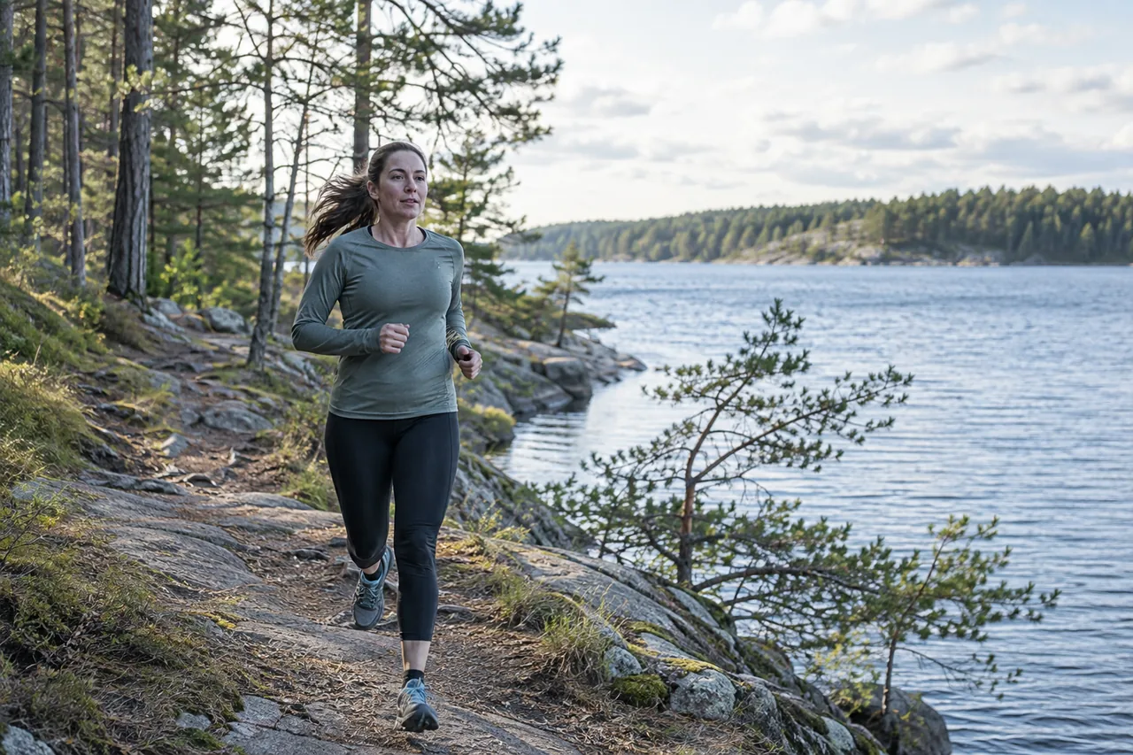 Motionär springer långpass i lugnt tempo längs en stig