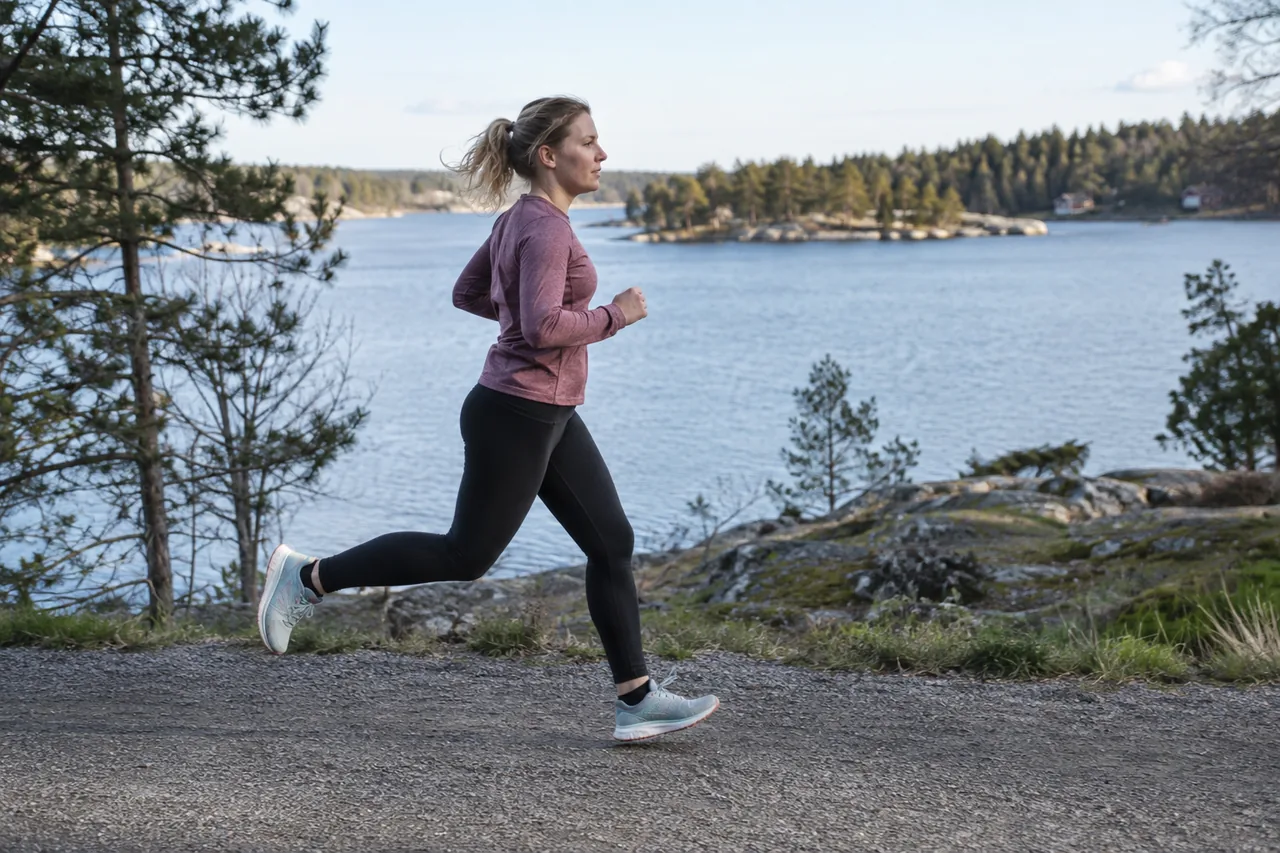 Motionär springer i sidovy mitt i steget på grusväg