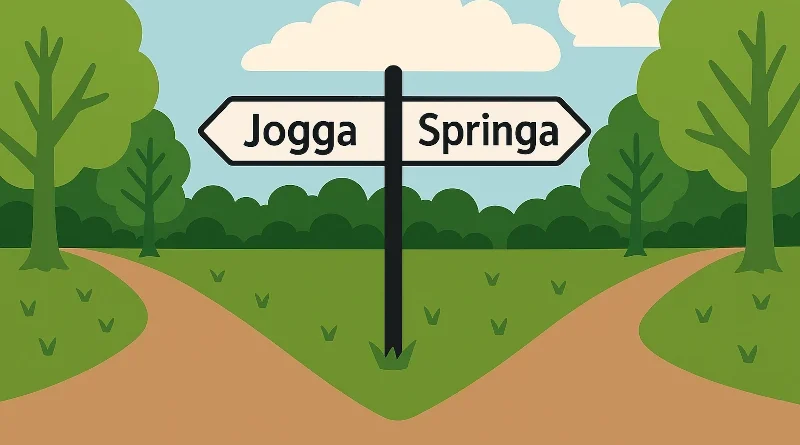 jogga vs springa, två vägval i en park där ena skylten visar texten Springa och den andra Jogga