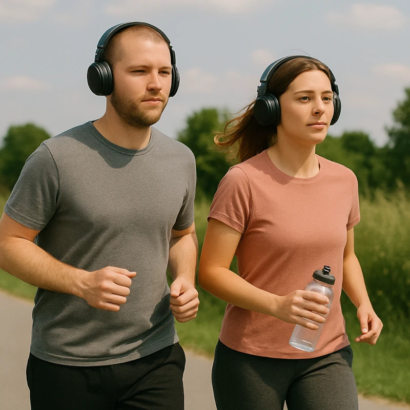 två joggare ute och joggar, de är klädda i mjukisbyxor, vanlig t-shirt och har stora hörlurar på huvudet, kvinnan till höger bär på en vattenflaska i handen